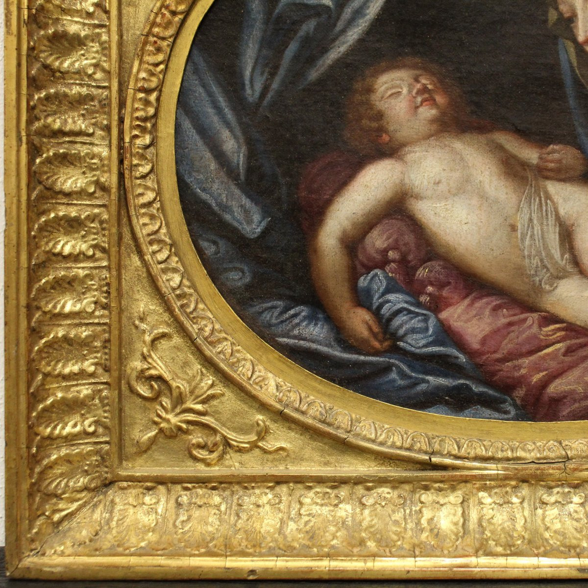 Antique Oil Painting On Canvas - Virgin In Adoration Of The Sleeping Child - Italy 18th-photo-3