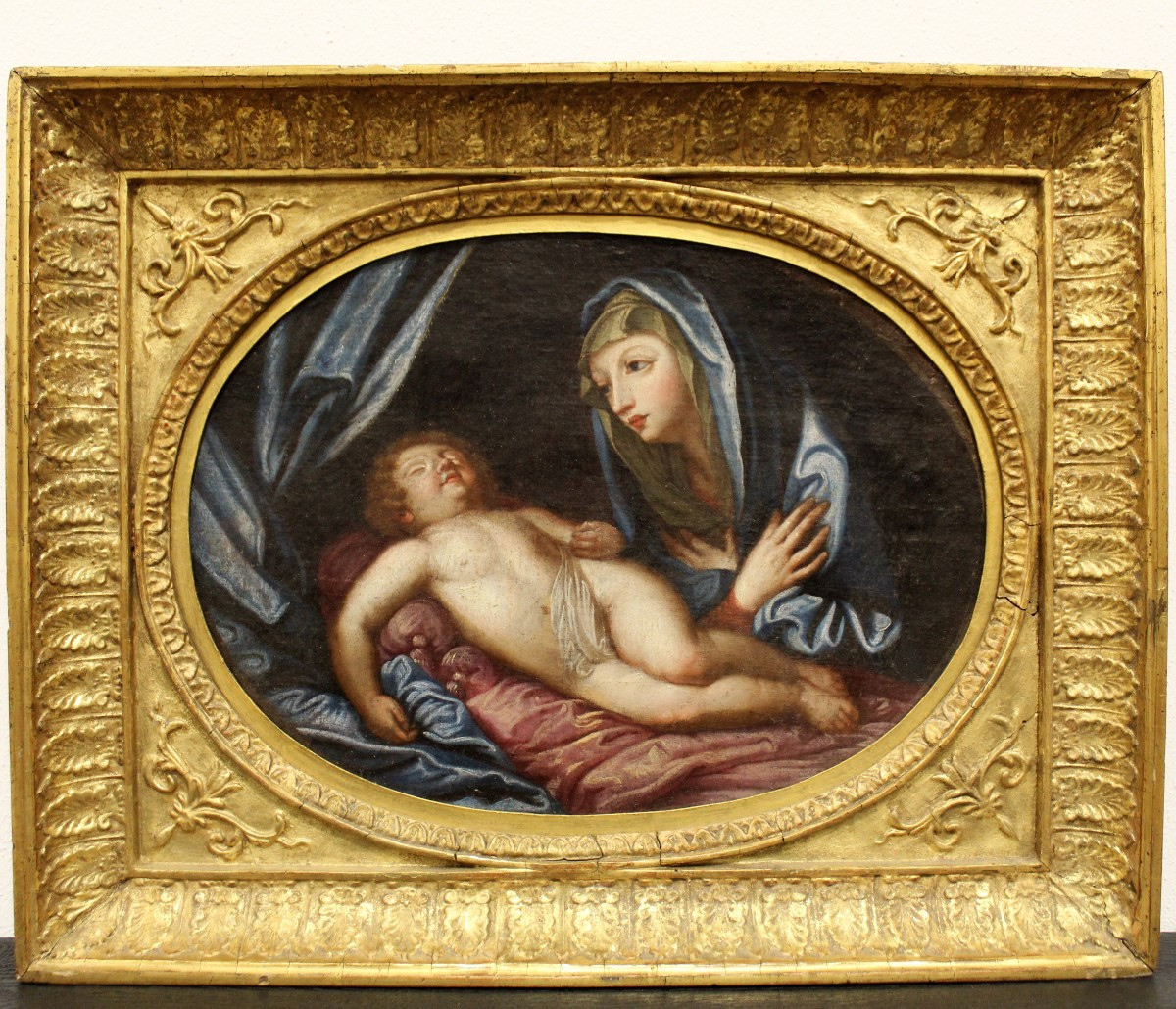 Antique Oil Painting On Canvas - Virgin In Adoration Of The Sleeping Child - Italy 18th