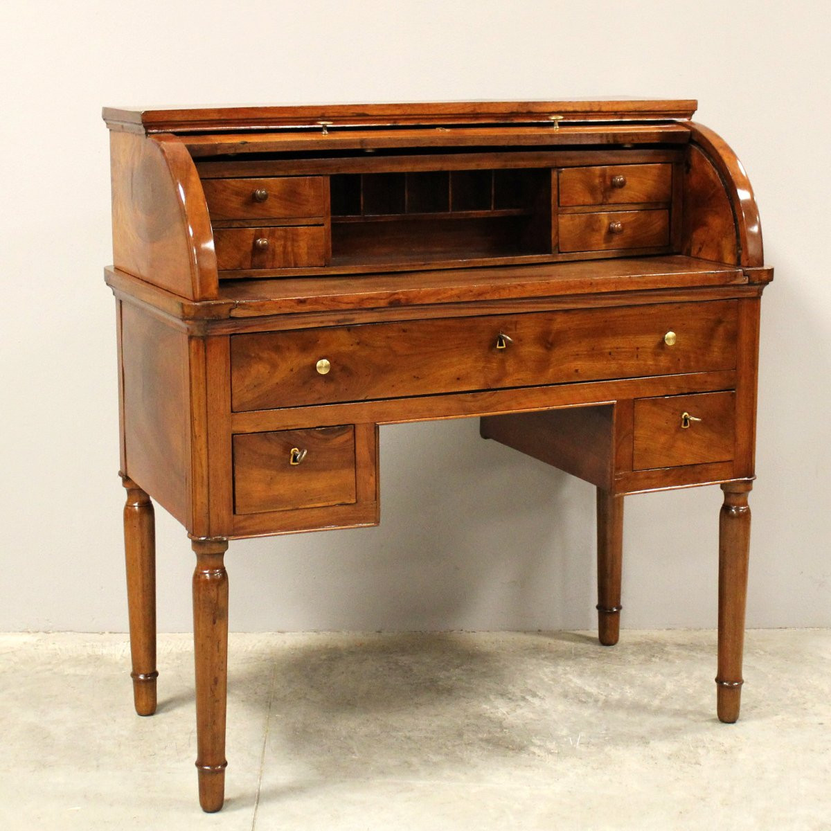 Ancien bureau à cylindre table à écrire d'époque Charles X en noyer - Italie 19ème-photo-2