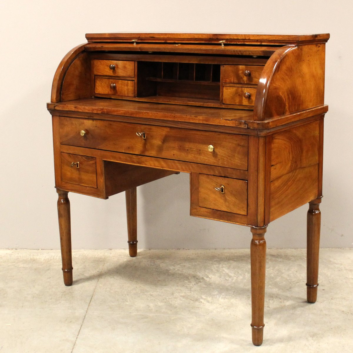 Ancien bureau à cylindre table à écrire d'époque Charles X en noyer - Italie 19ème-photo-3