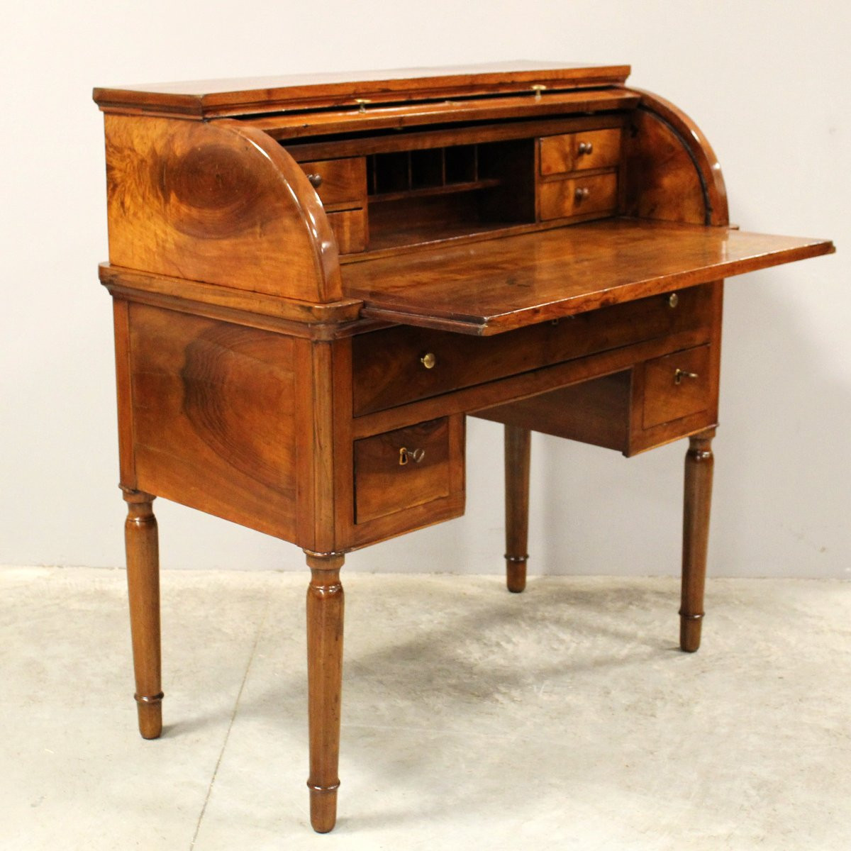 Ancien bureau à cylindre table à écrire d'époque Charles X en noyer - Italie 19ème-photo-4