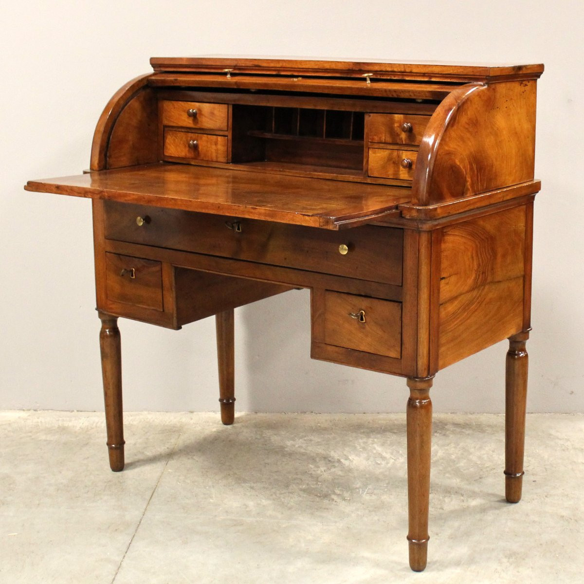 Ancien bureau à cylindre table à écrire d'époque Charles X en noyer - Italie 19ème-photo-1