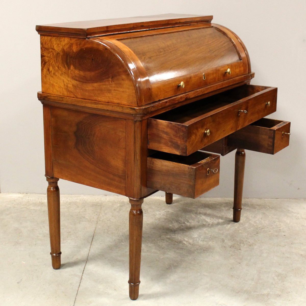 Ancien bureau à cylindre table à écrire d'époque Charles X en noyer - Italie 19ème-photo-2
