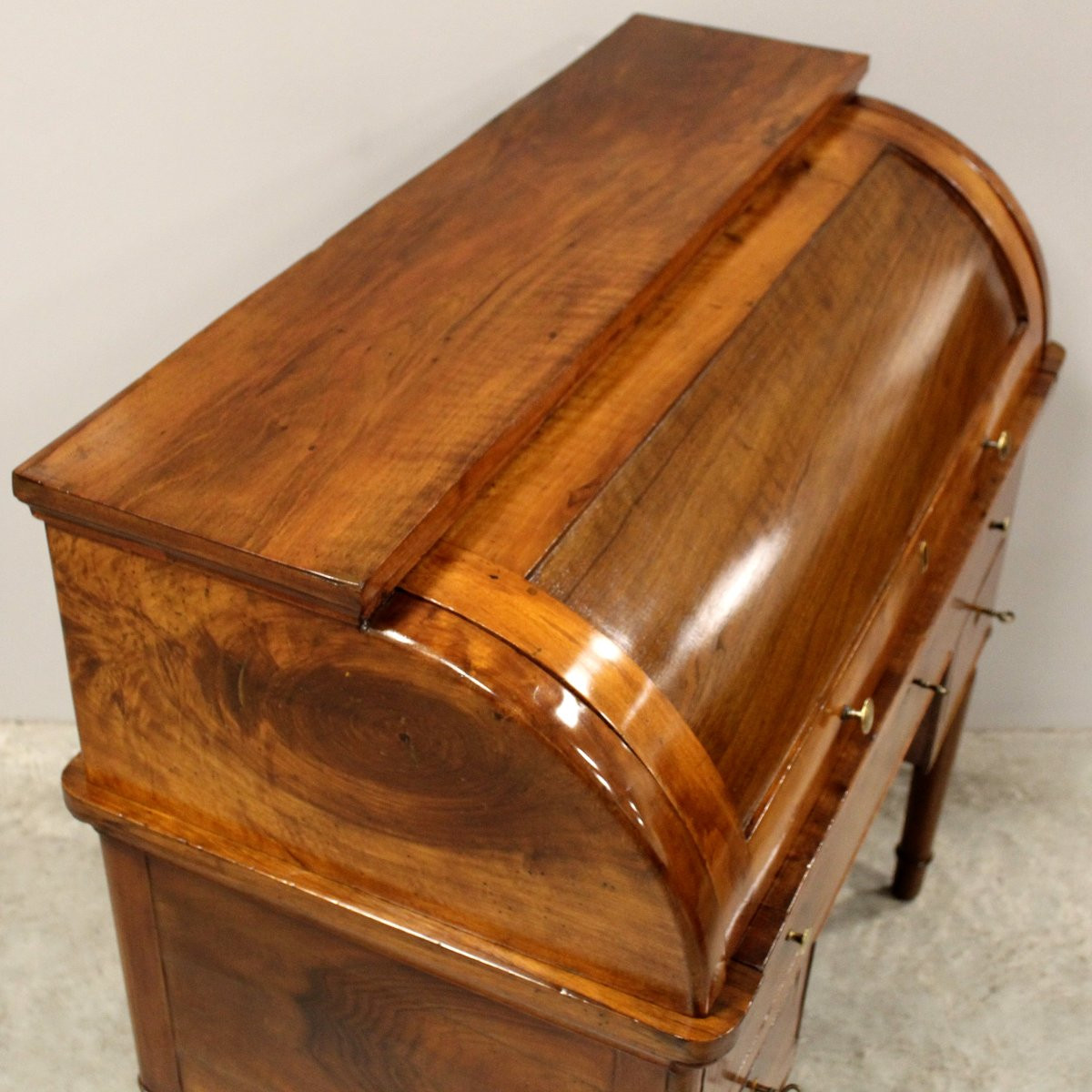 Ancien bureau à cylindre table à écrire d'époque Charles X en noyer - Italie 19ème-photo-4