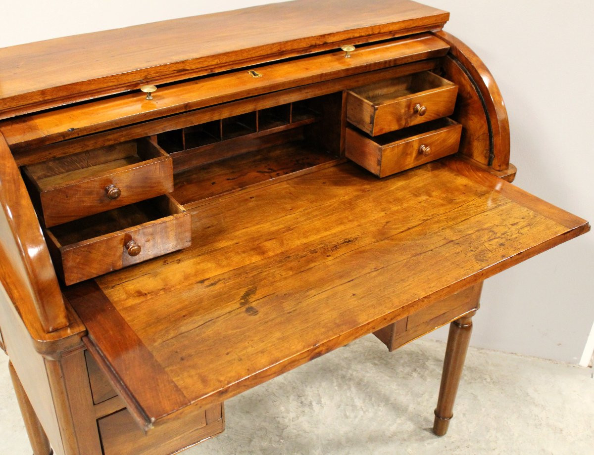 Ancien bureau à cylindre table à écrire d'époque Charles X en noyer - Italie 19ème-photo-6