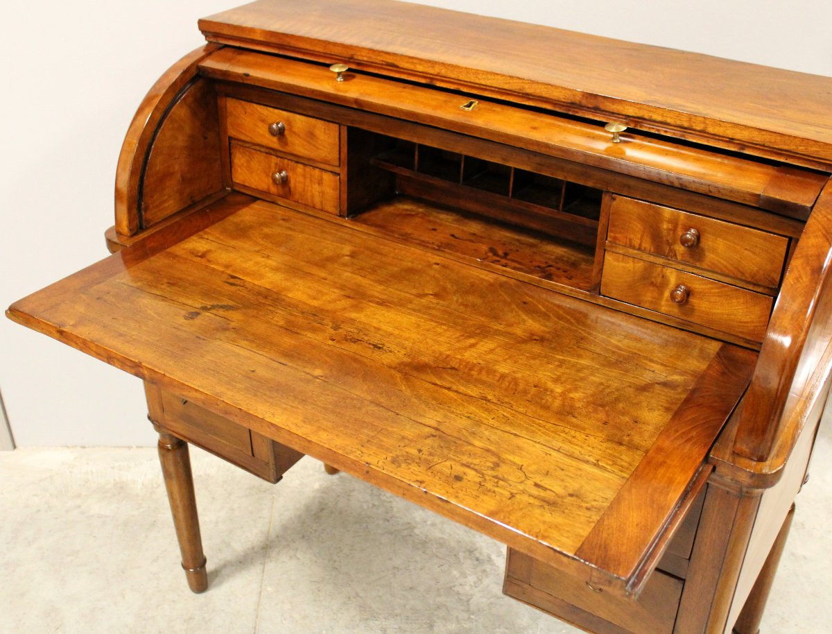 Ancien bureau à cylindre table à écrire d'époque Charles X en noyer - Italie 19ème-photo-7