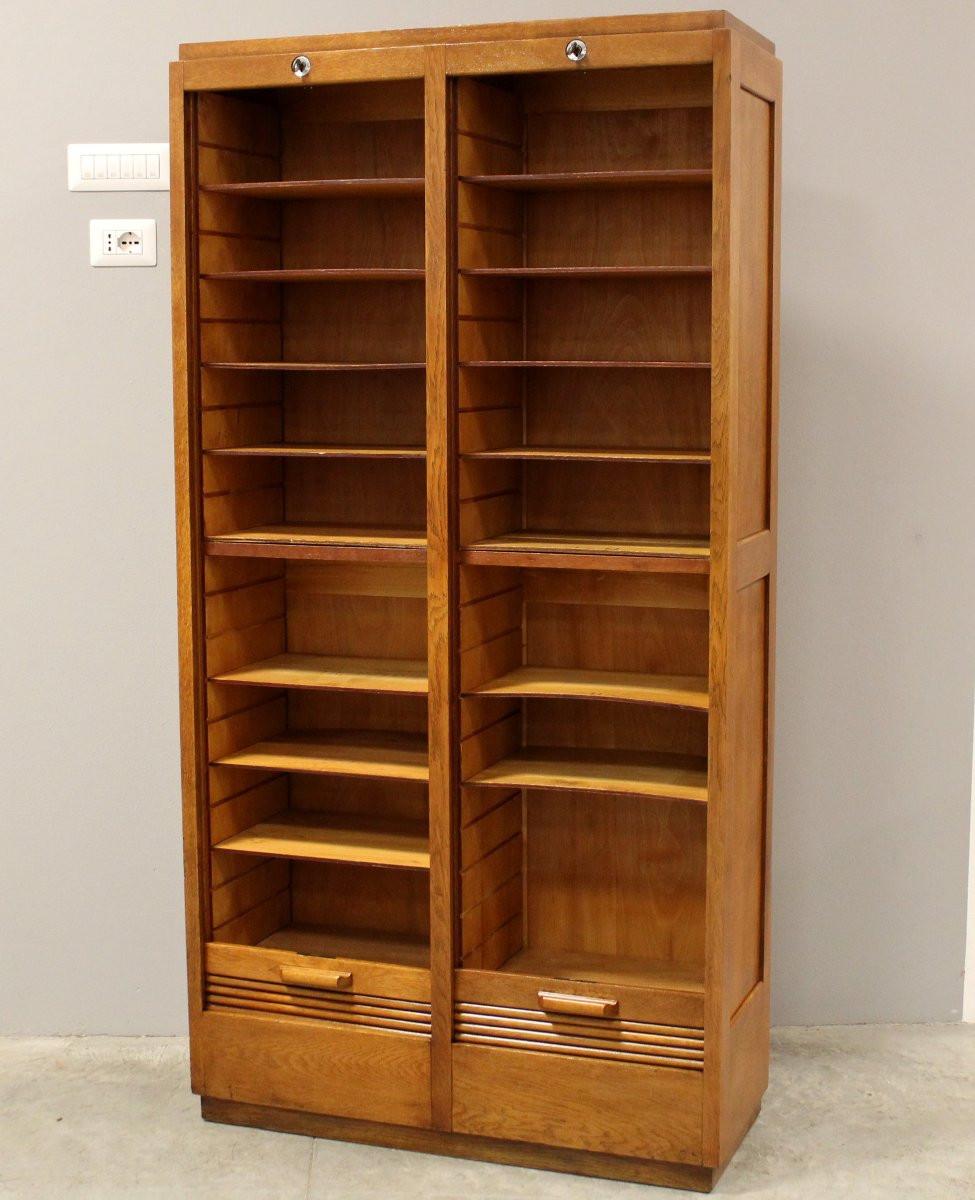 Antique Binder Rolling Curtain Filing Cabinet In Oak-photo-2