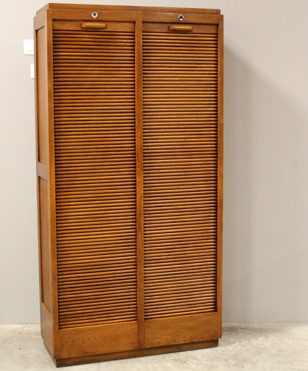 Antique Binder Rolling Curtain Filing Cabinet In Oak