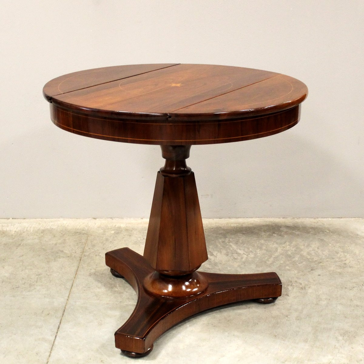 Ancien table ronde d'époque Charles X en noyer et marqueterie - Italie 19ème-photo-3