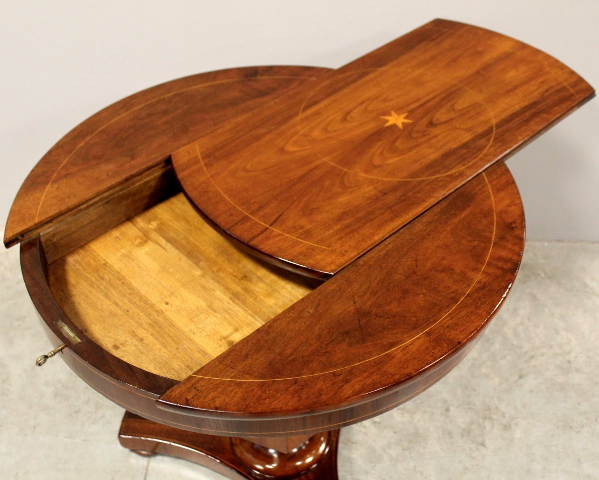 Ancien table ronde d'époque Charles X en noyer et marqueterie - Italie 19ème-photo-7