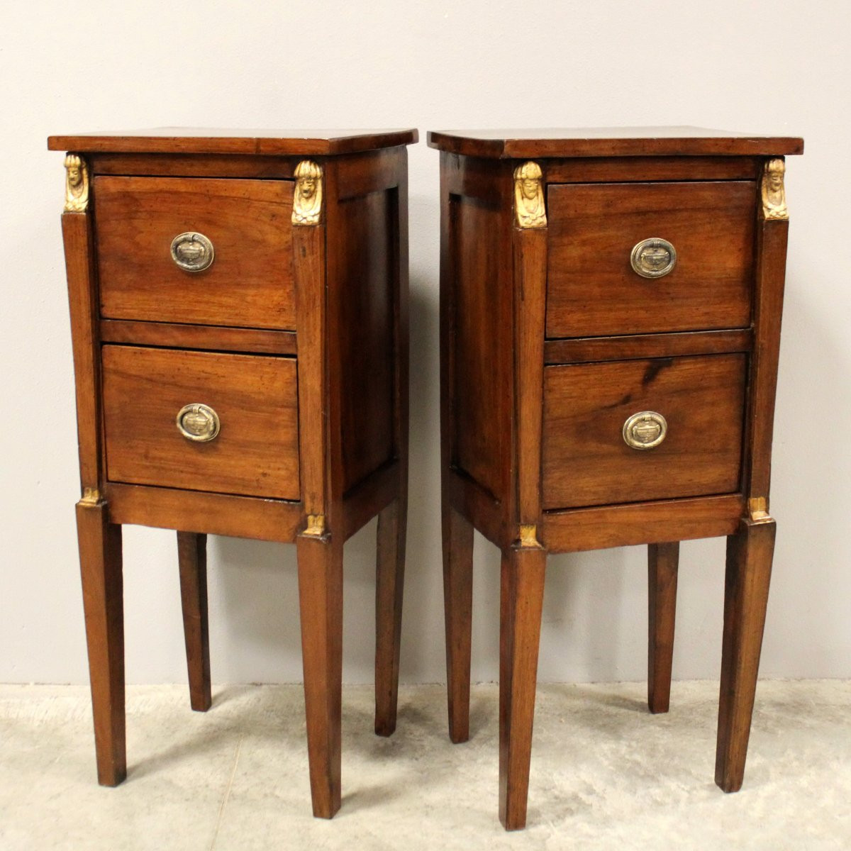 Antique Pair Of Directoire Bedside Nightstand Tables In Walnut "retour d'Egypte"1798/1805 Italy-photo-2