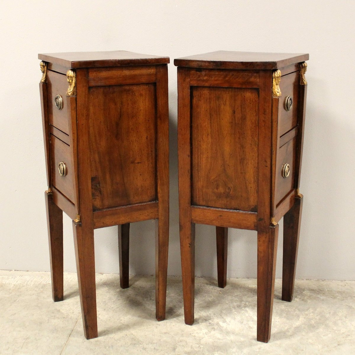 Antique Pair Of Directoire Bedside Nightstand Tables In Walnut "retour d'Egypte"1798/1805 Italy-photo-2