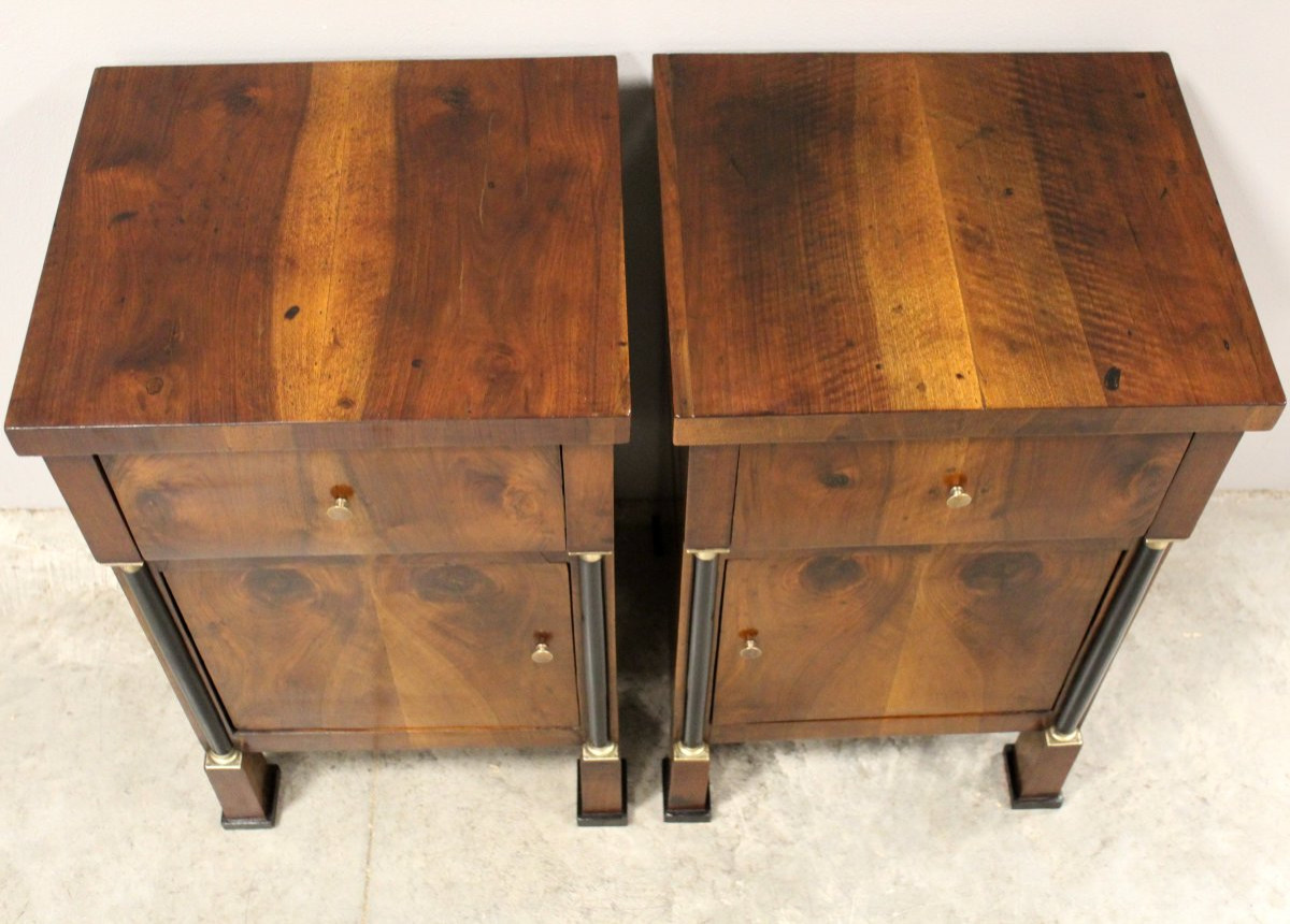 Antique Pair Of Empire Bedsides Nightstands Tables In Walnut - Italy 19th-photo-4