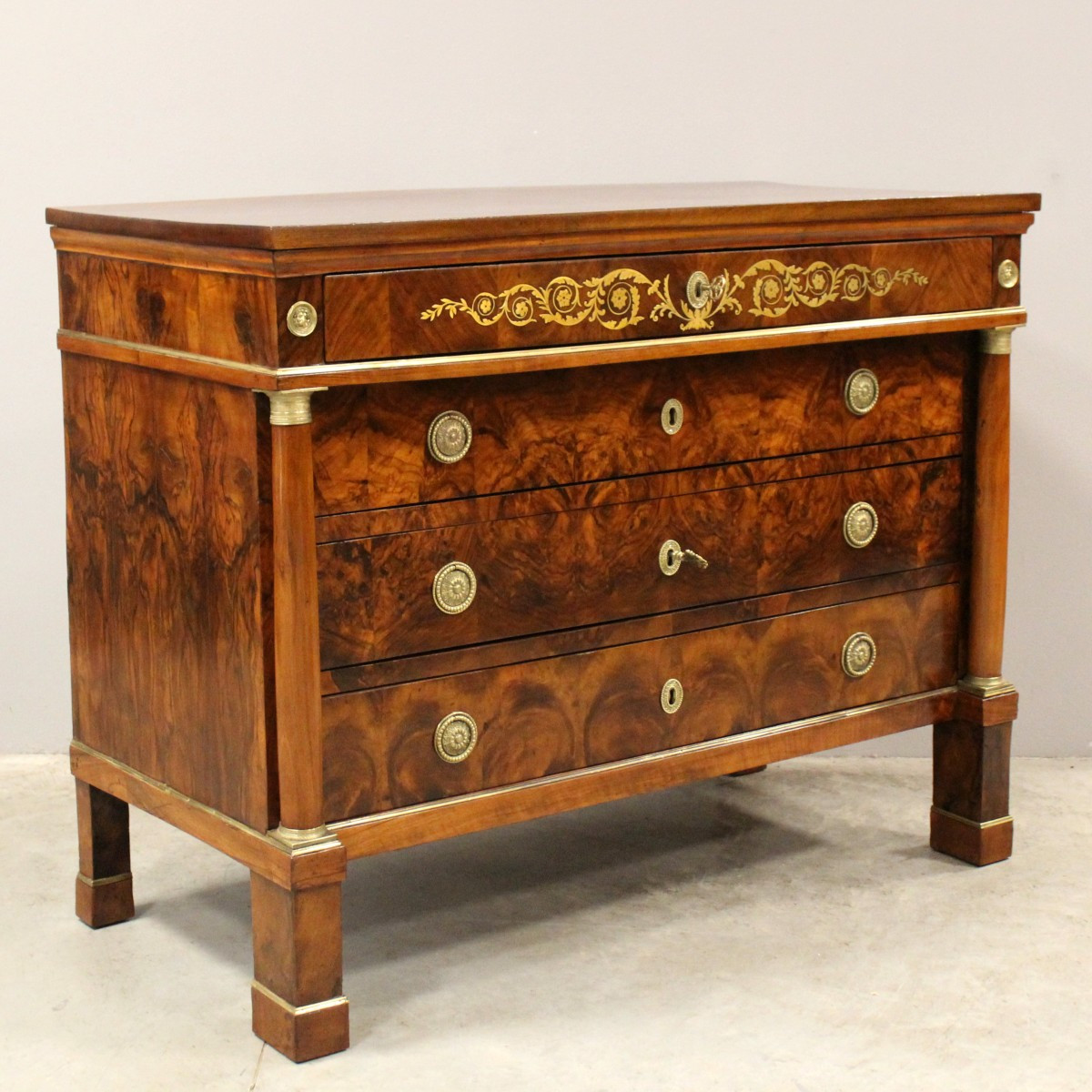 Antique Empire Chest Of Drawers In Walnut And Brass Marquetry - Italy 19th