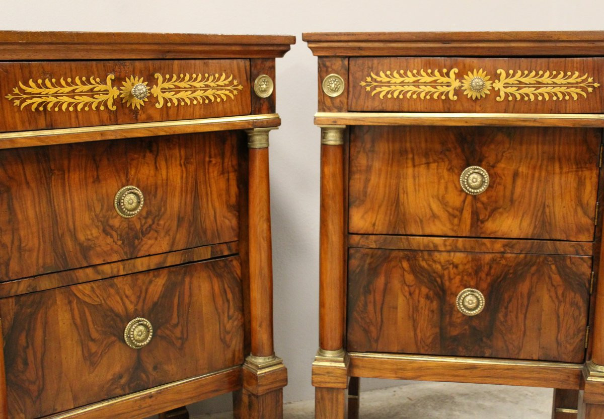 Antique Pair Of Empire Bedsides Nightstands Tables In Walnut And Brass Marquetry - Italy 19th-photo-1