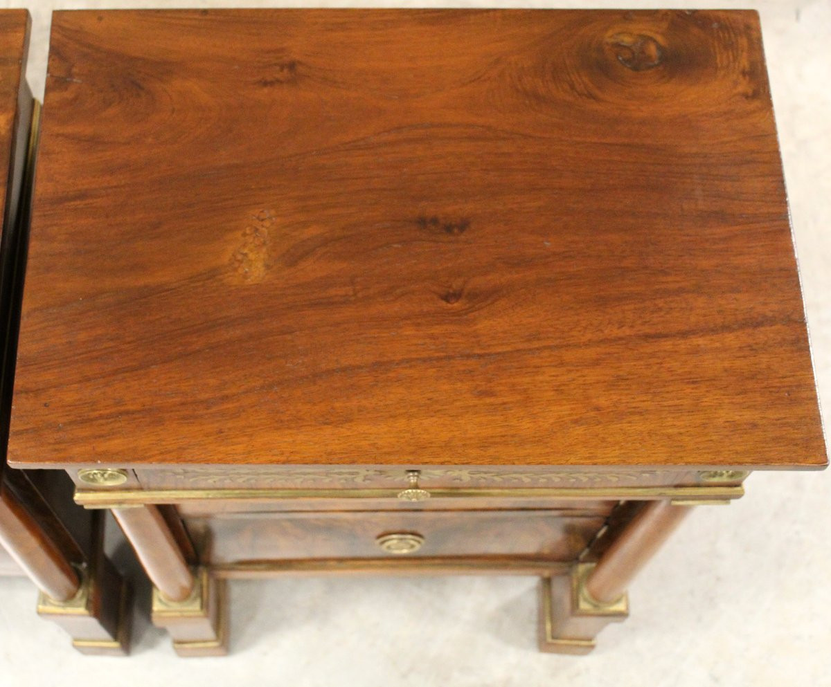 Antique Pair Of Empire Bedsides Nightstands Tables In Walnut And Brass Marquetry - Italy 19th-photo-5