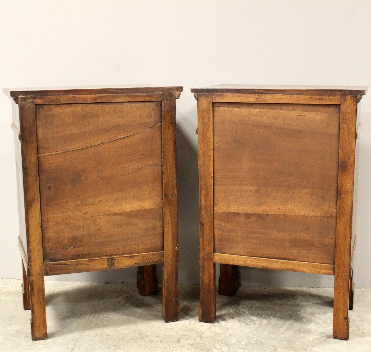 Antique Pair Of Empire Bedsides Nightstands Tables In Walnut And Brass Marquetry - Italy 19th-photo-6