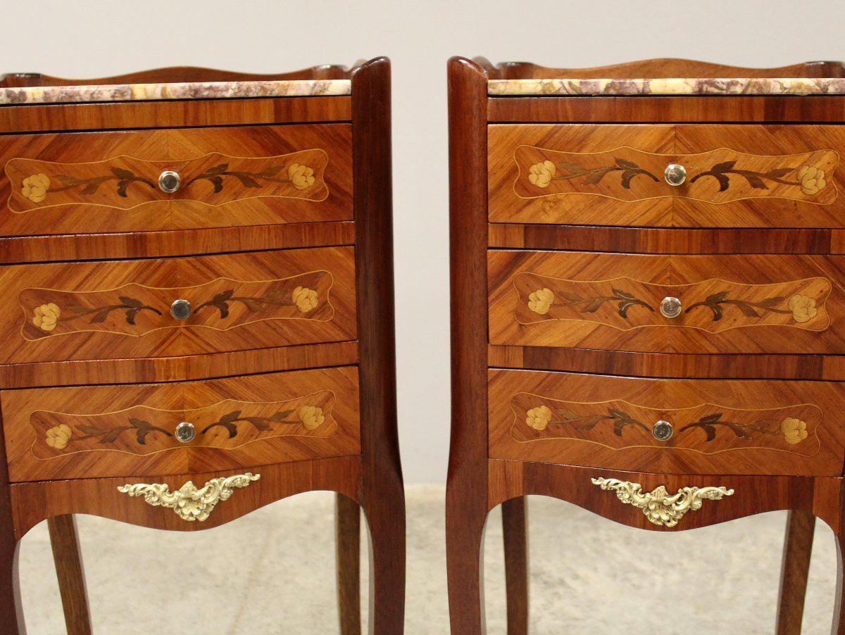 Ancien paire de tables chevets chiffonnières Napoleon III en marqueterie - début 20ème-photo-4