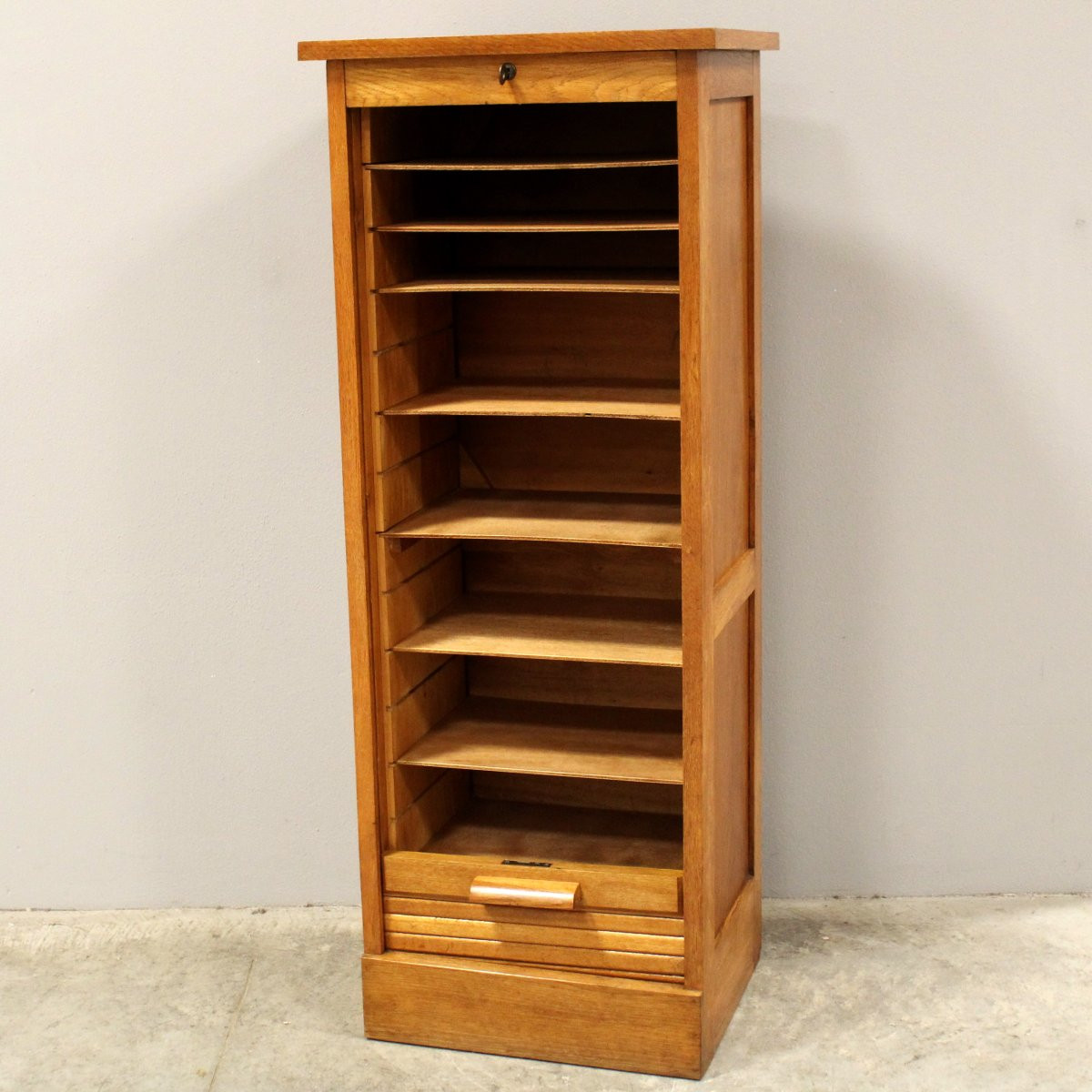 Ancien meuble de métier classeur à rideau rideaux roulant en chene-photo-2