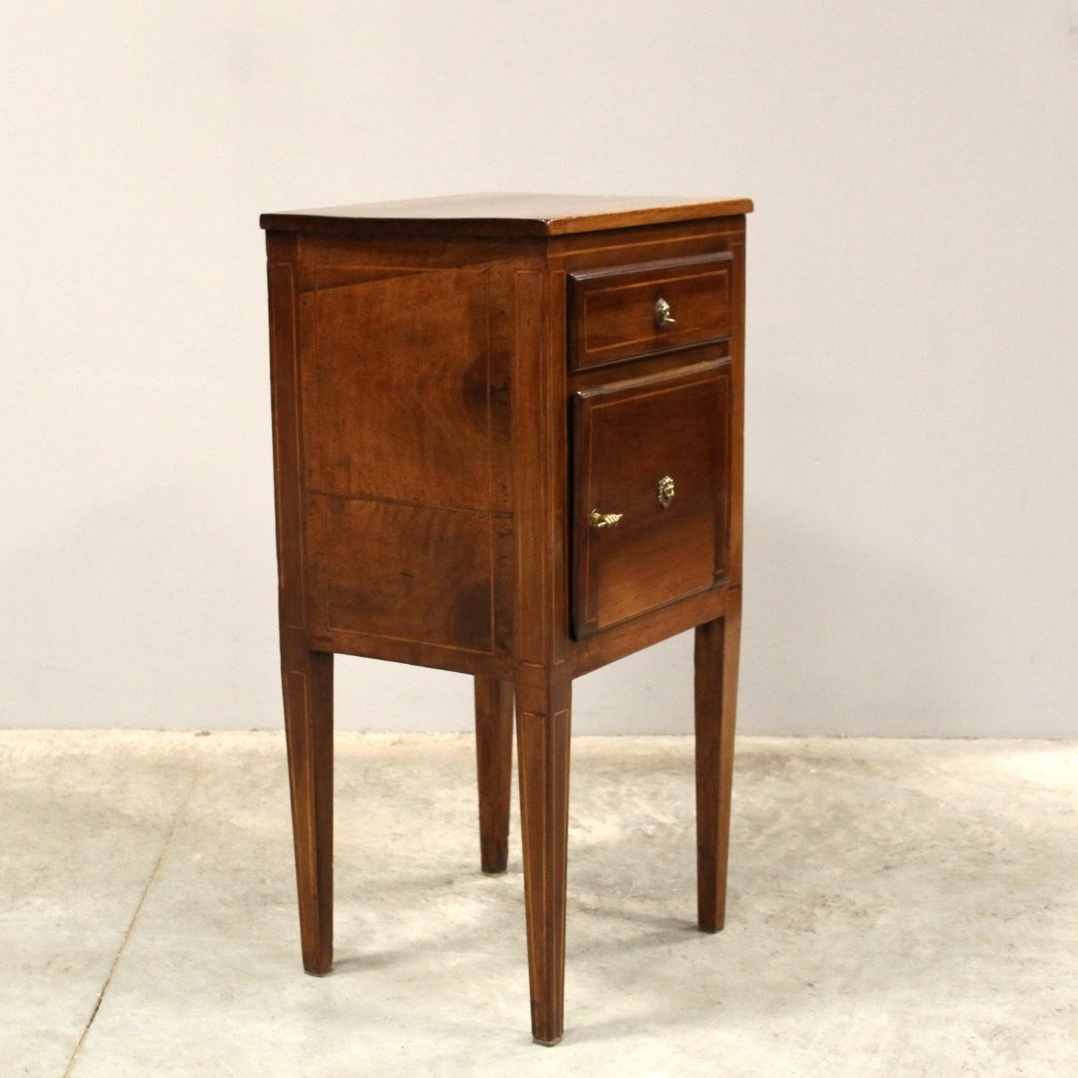 Antique Directoire Bedside Table Cabinet In Walnut And Marquetry - Italy 18th-photo-3