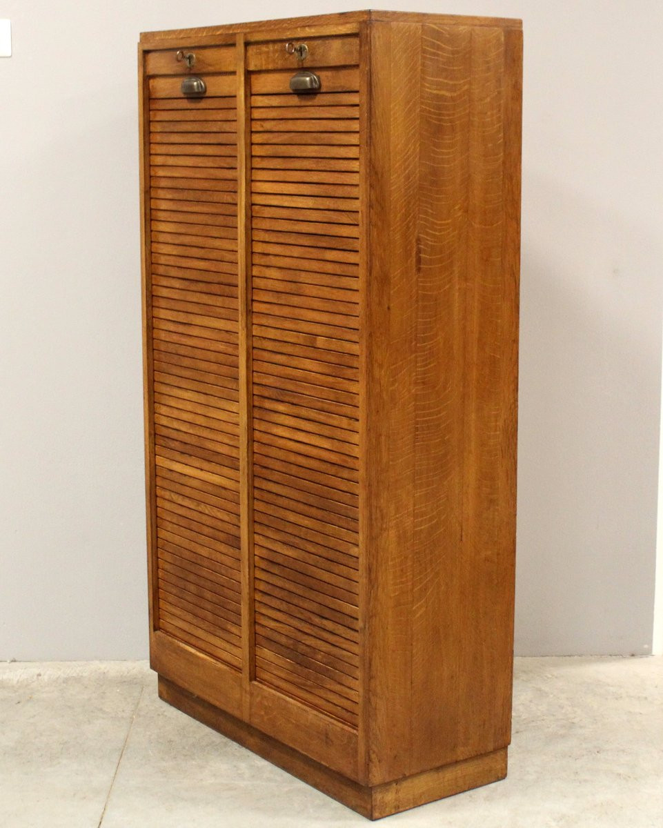 Ancien meuble de métier classeur à rideau rideaux roulant en chene-photo-4