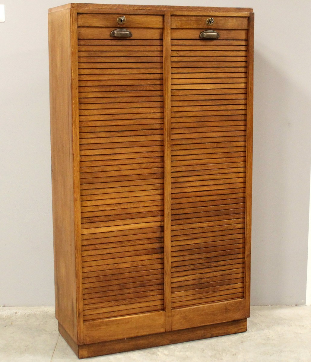 Ancien meuble de métier classeur à rideau rideaux roulant en chene