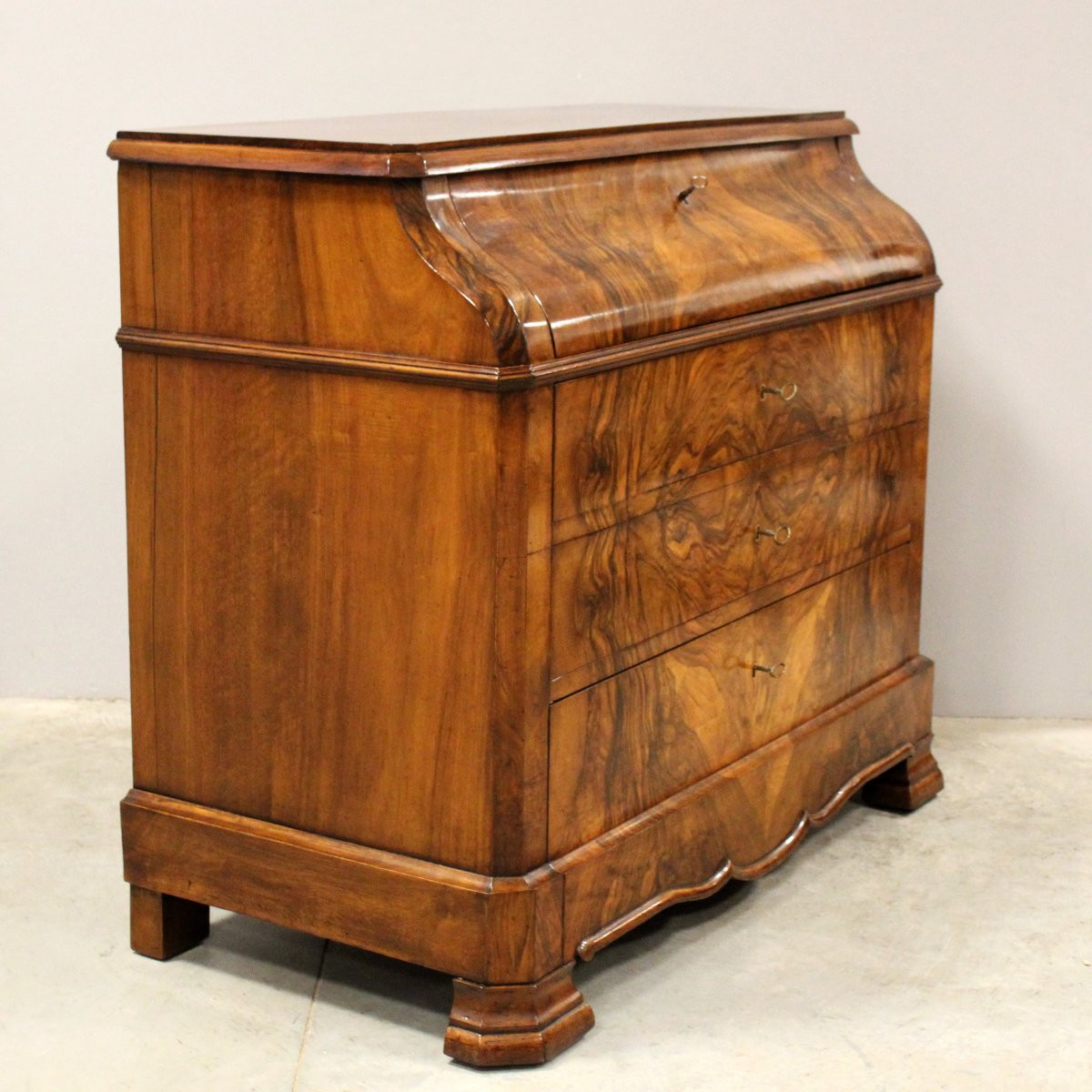 Ancien commode bureau de pente d'époque Louis Philippe en noyer - 19ème-photo-2