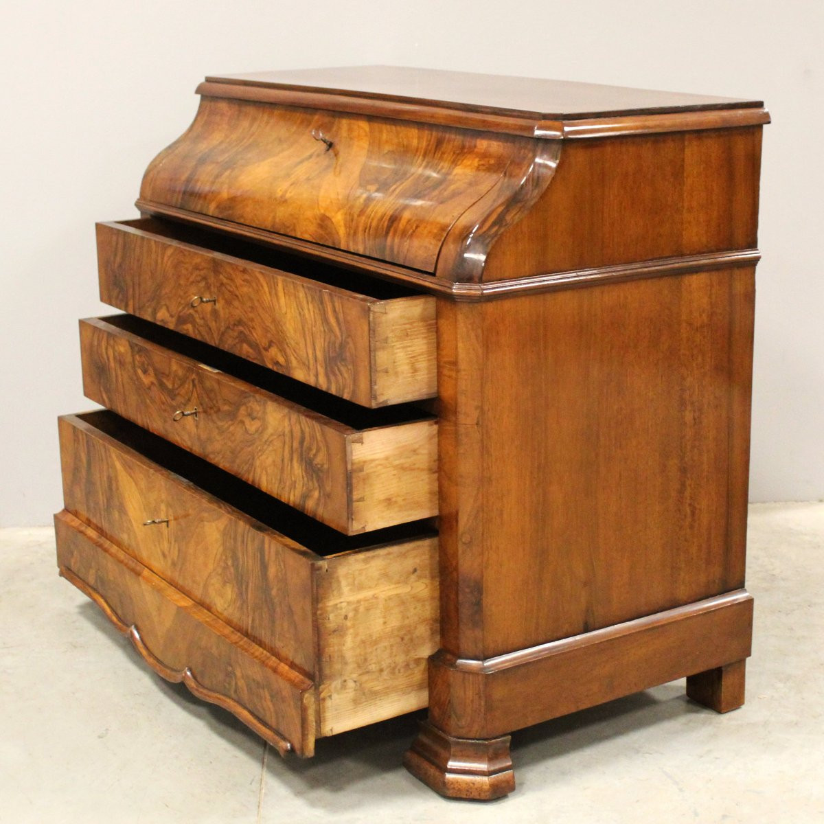 Ancien commode bureau de pente d'époque Louis Philippe en noyer - 19ème-photo-2