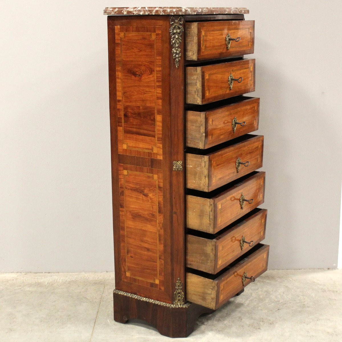 Antique Napoleon III Weekly Chest Of Drawers In Marquetry - 19th-photo-4