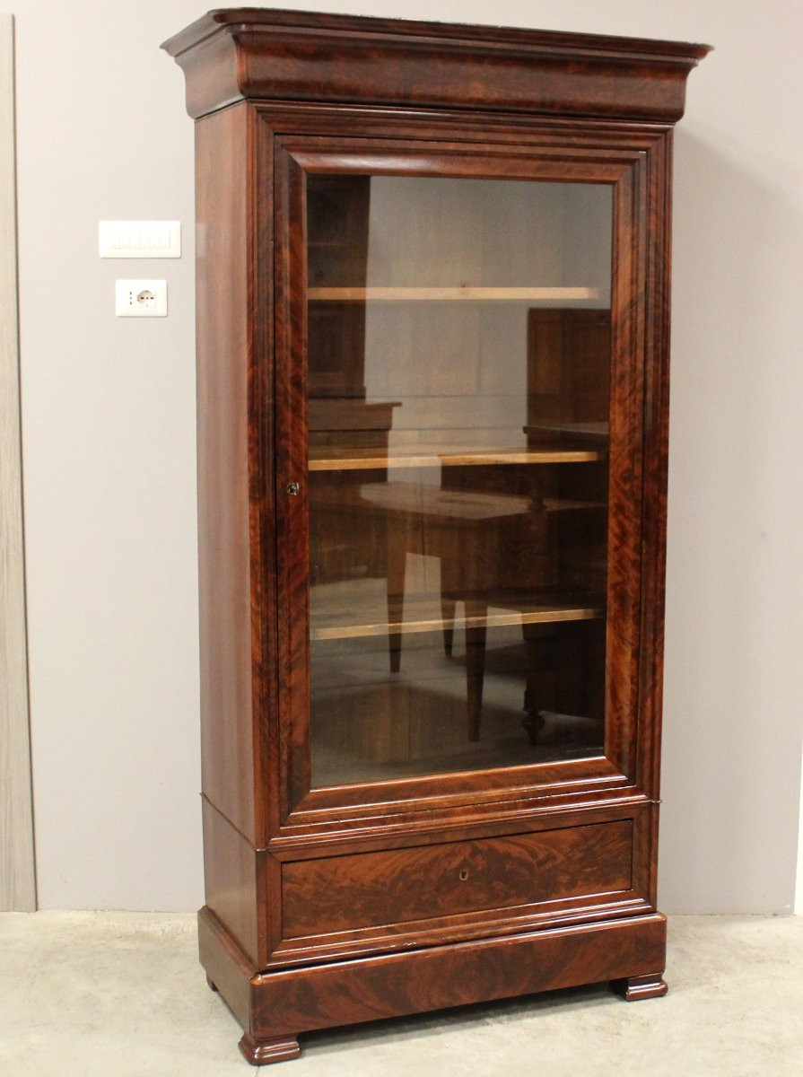 Antique Louis Philippe Showcase Cabinet Bookcase In Mahogany - 19th-photo-2