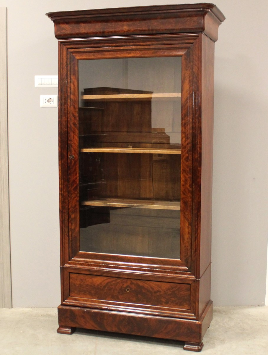 Antique Louis Philippe Showcase Cabinet Bookcase In Mahogany - 19th