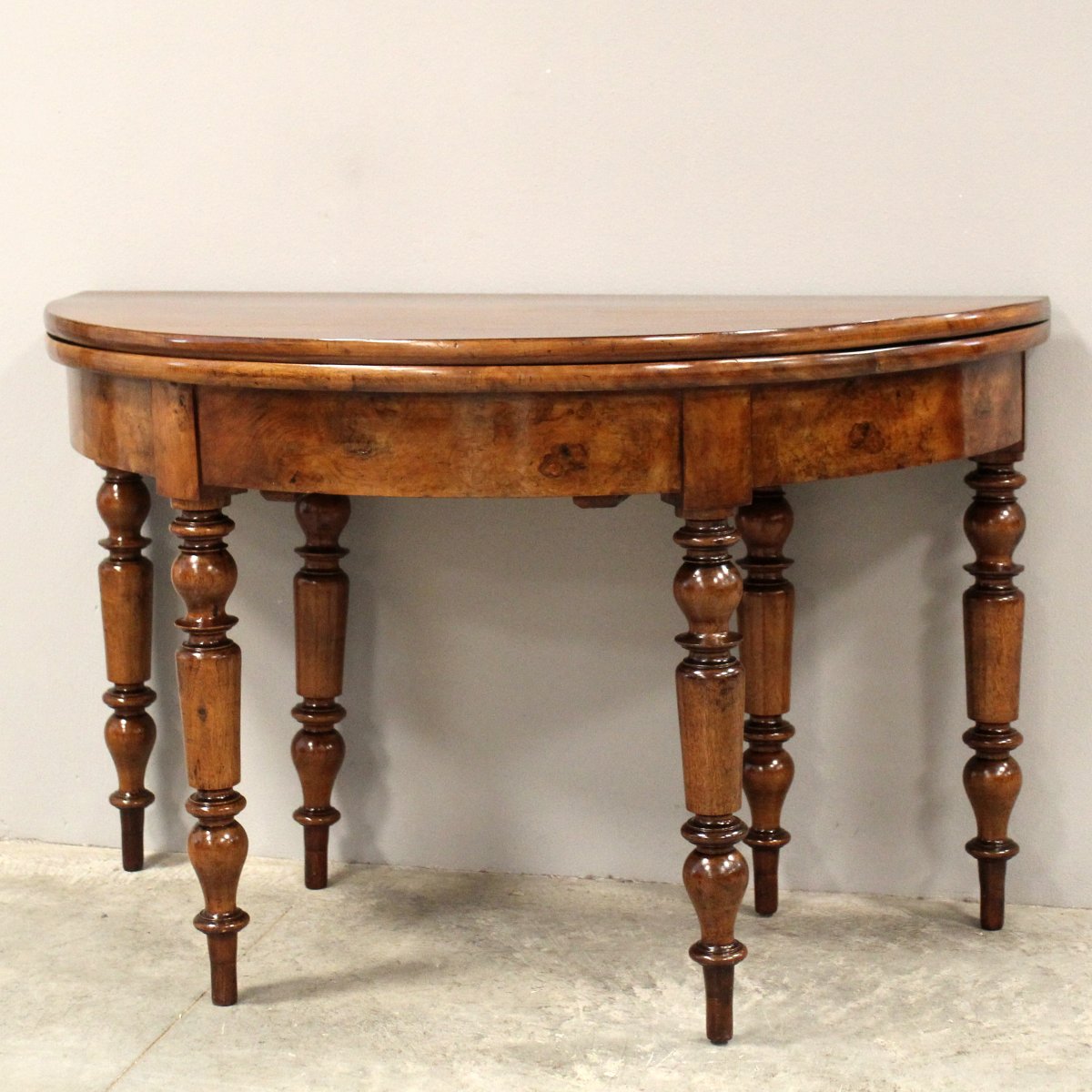 Ancien table console demi-lune d'époque Louis Philippe en noyer - 19ème -photo-2