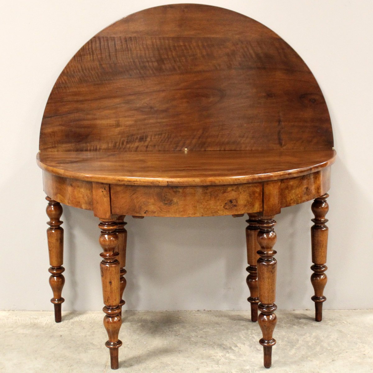 Ancien table console demi-lune d'époque Louis Philippe en noyer - 19ème -photo-4