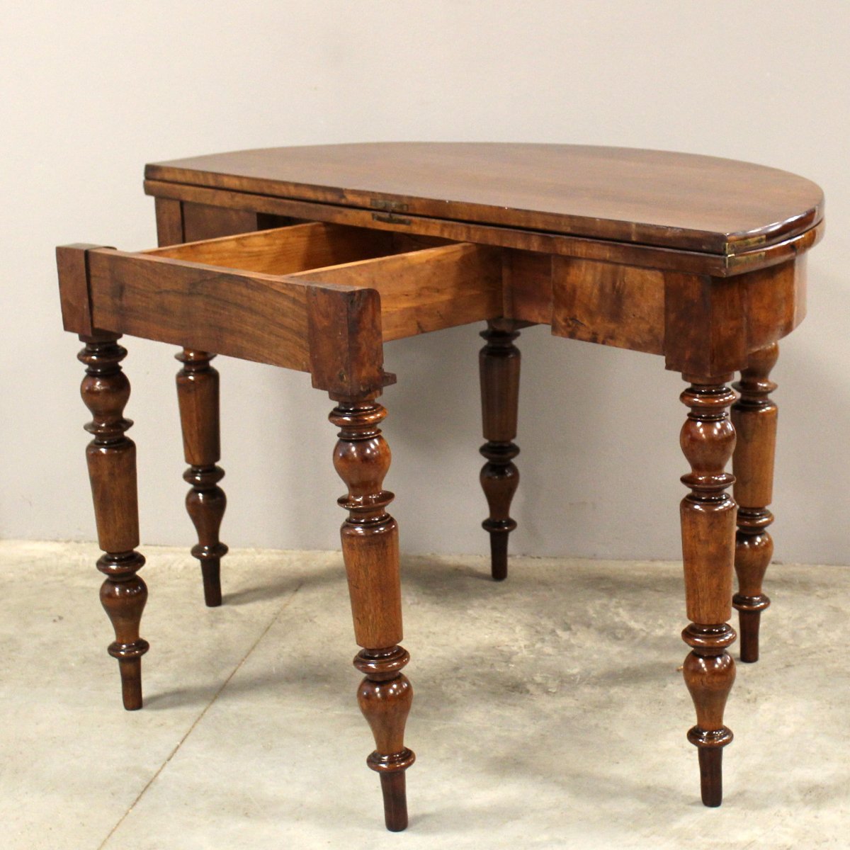 Ancien table console demi-lune d'époque Louis Philippe en noyer - 19ème -photo-2