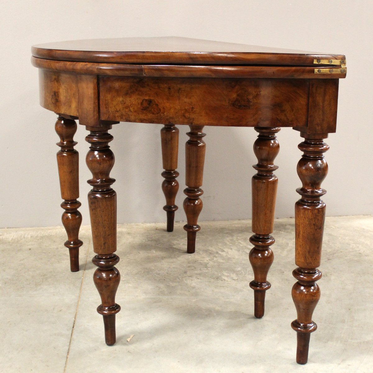 Ancien table console demi-lune d'époque Louis Philippe en noyer - 19ème -photo-5
