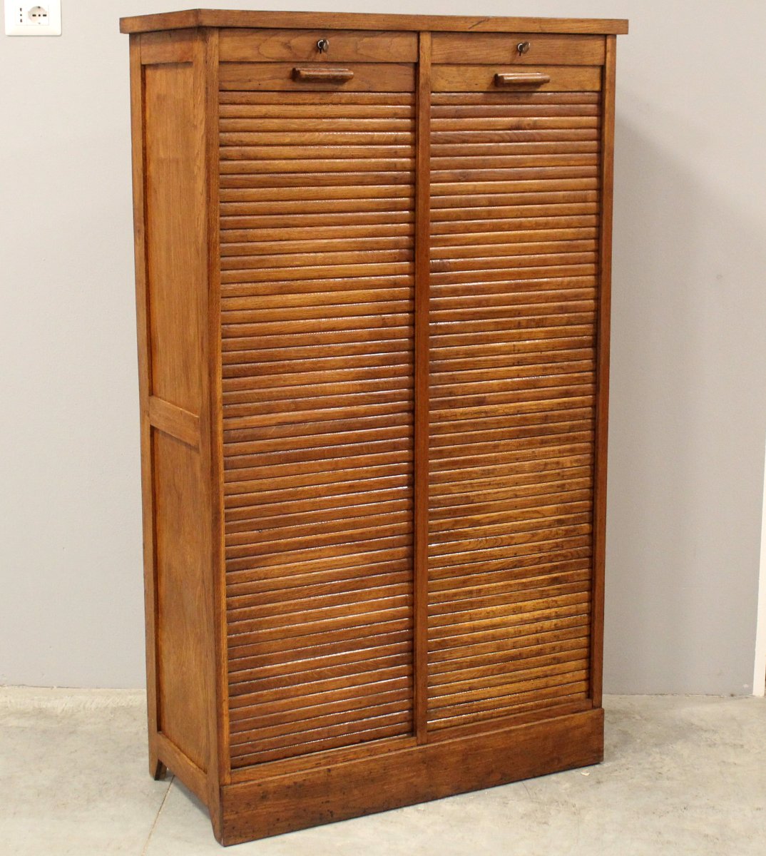 Antique Binder Rolling Curtain Filing Cabinet In Oak