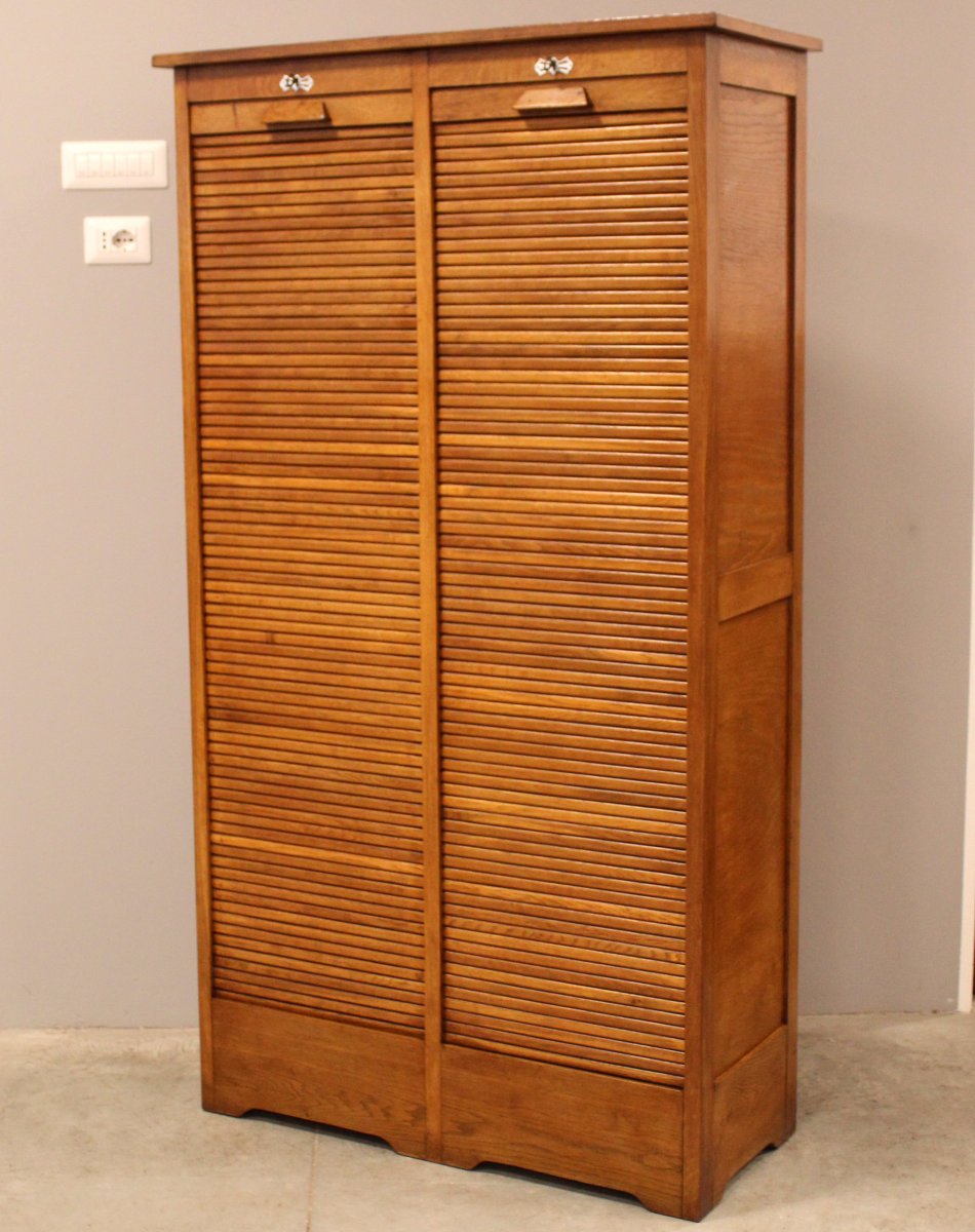 Antique Binder Rolling Curtain Filing Cabinet In Oak-photo-2