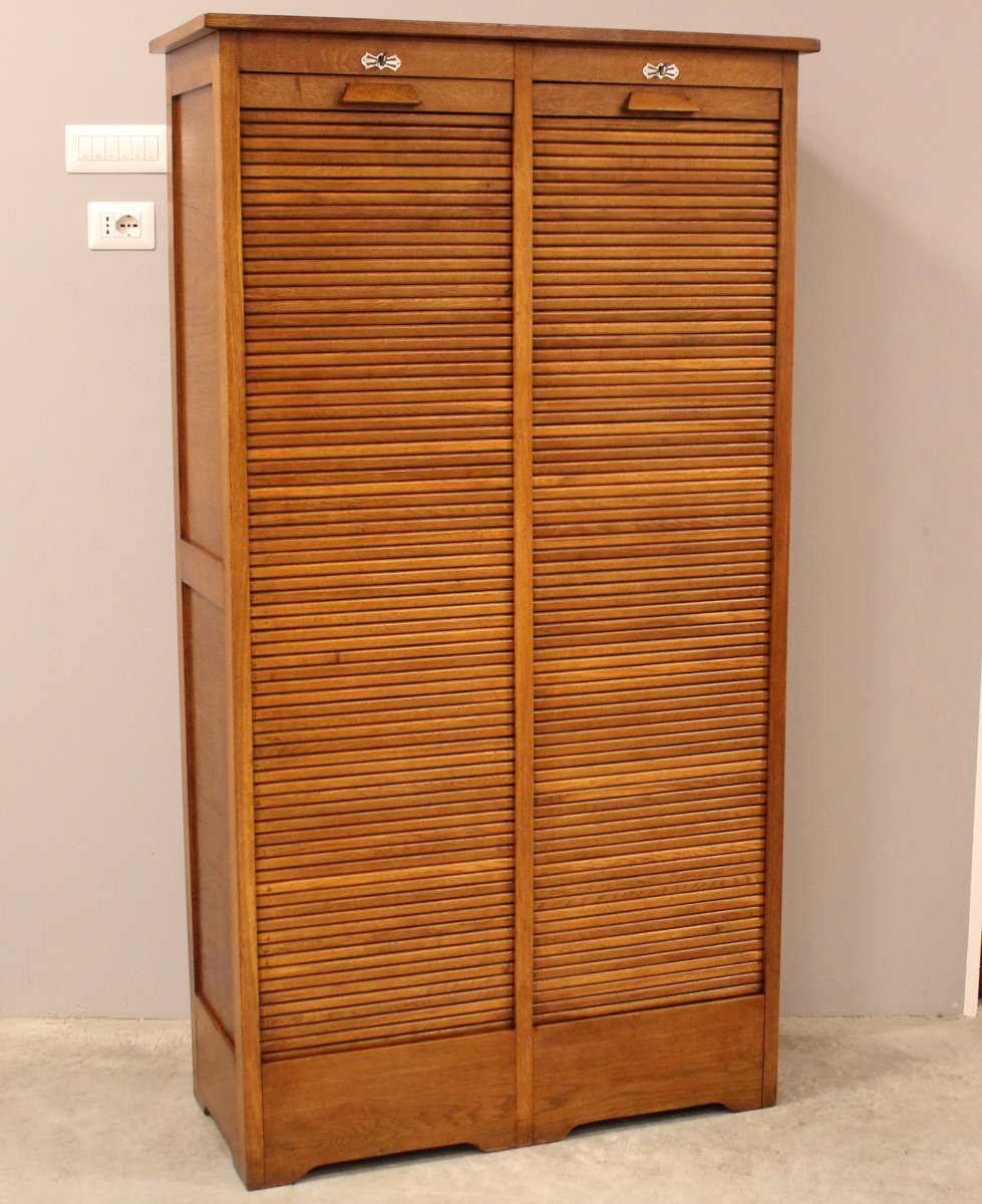 Antique Binder Rolling Curtain Filing Cabinet In Oak