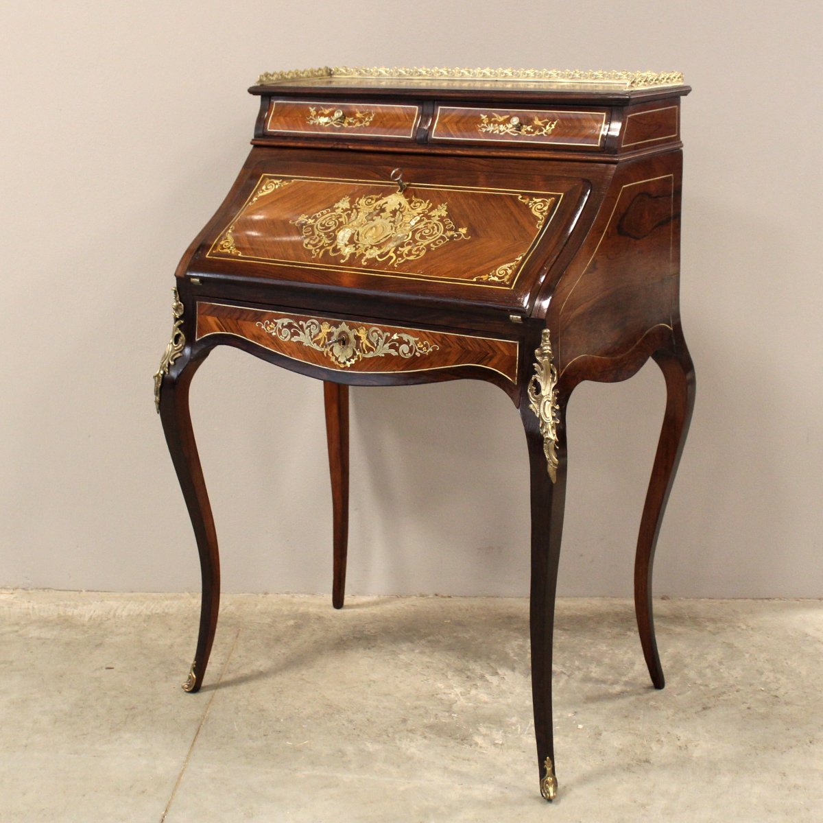 Ancien bureau de pente à rabat d'époque Napoleon III en marqueterie - 19ème-photo-2