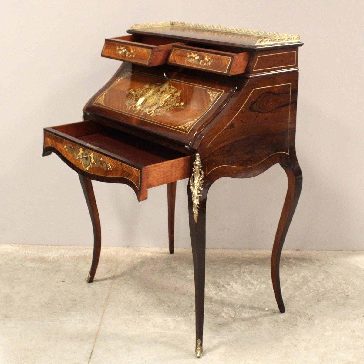 Ancien bureau de pente à rabat d'époque Napoleon III en marqueterie - 19ème-photo-4