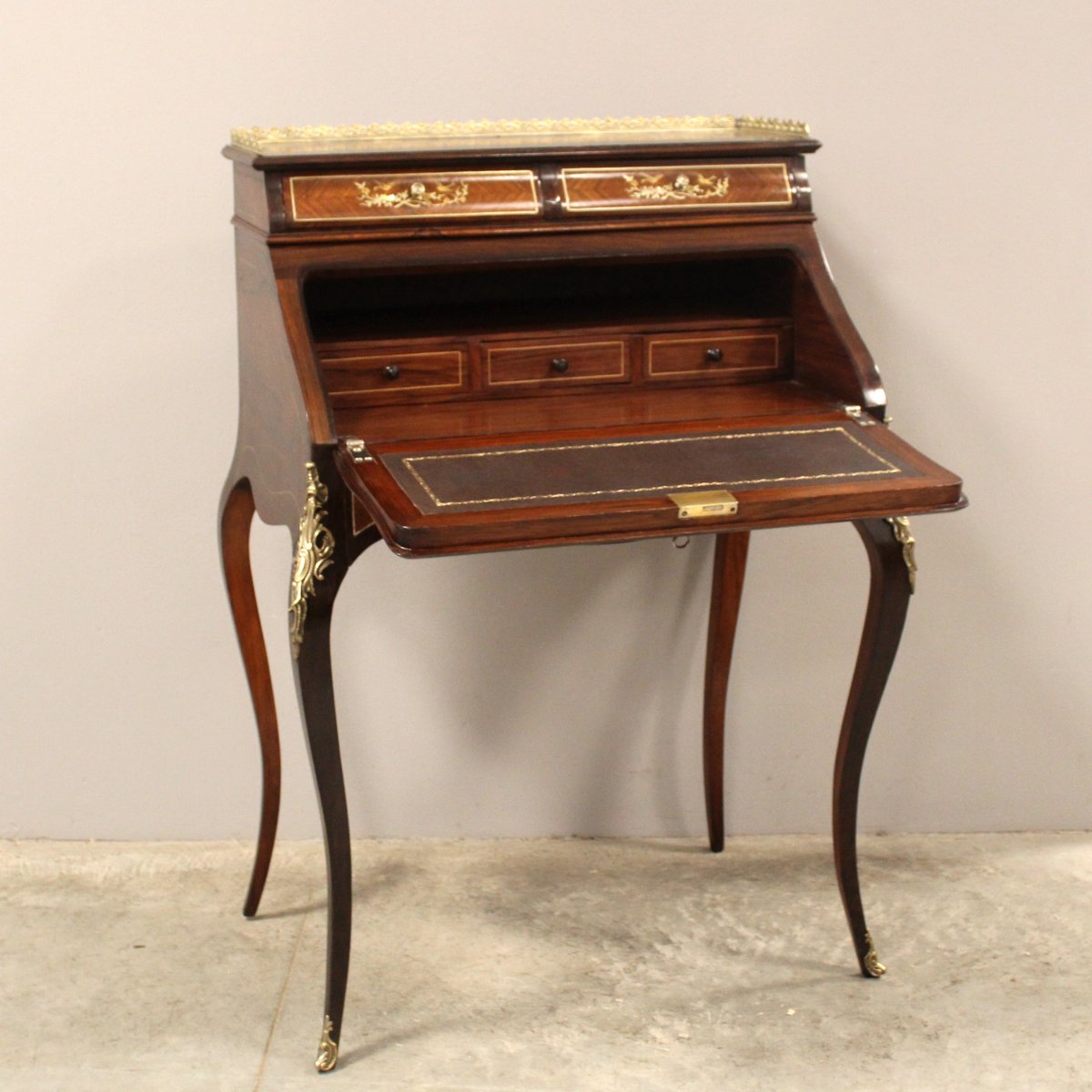 Ancien bureau de pente à rabat d'époque Napoleon III en marqueterie - 19ème-photo-1