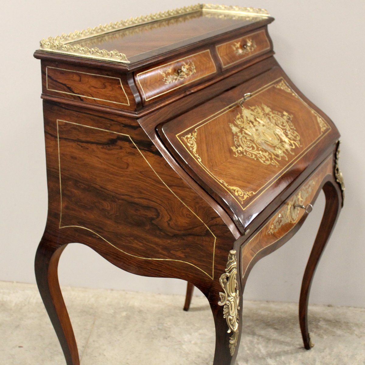Ancien bureau de pente à rabat d'époque Napoleon III en marqueterie - 19ème-photo-3