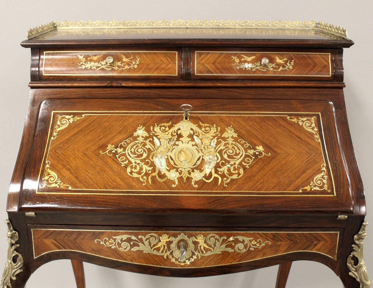 Ancien bureau de pente à rabat d'époque Napoleon III en marqueterie - 19ème-photo-5