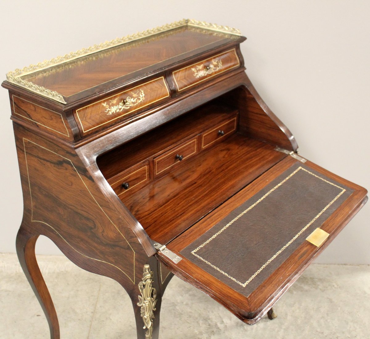 Ancien bureau de pente à rabat d'époque Napoleon III en marqueterie - 19ème-photo-7