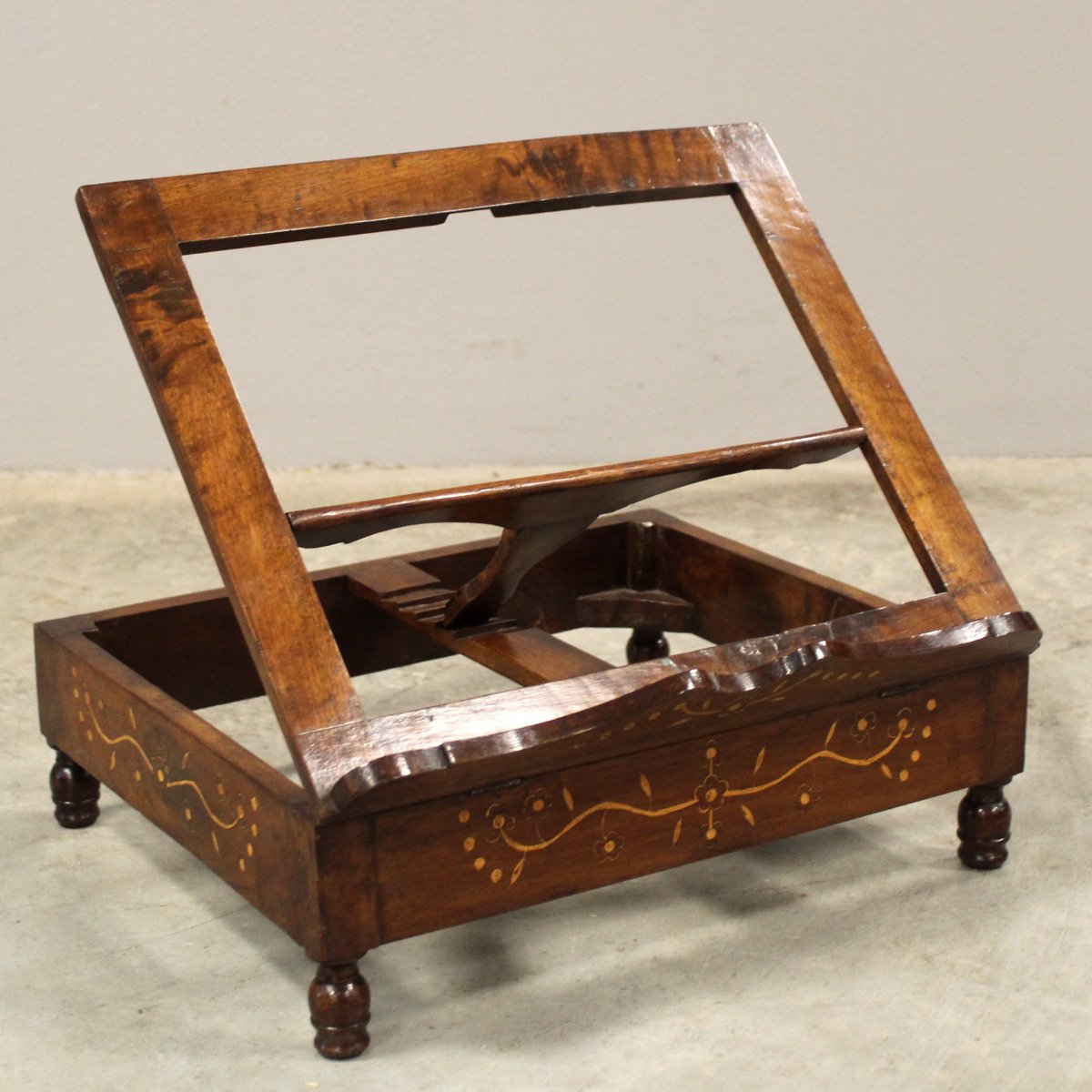 Ancien Lutrin de table Pupitre de livre époque Charles X en noyer et marqueterie - Italie 19ème-photo-2