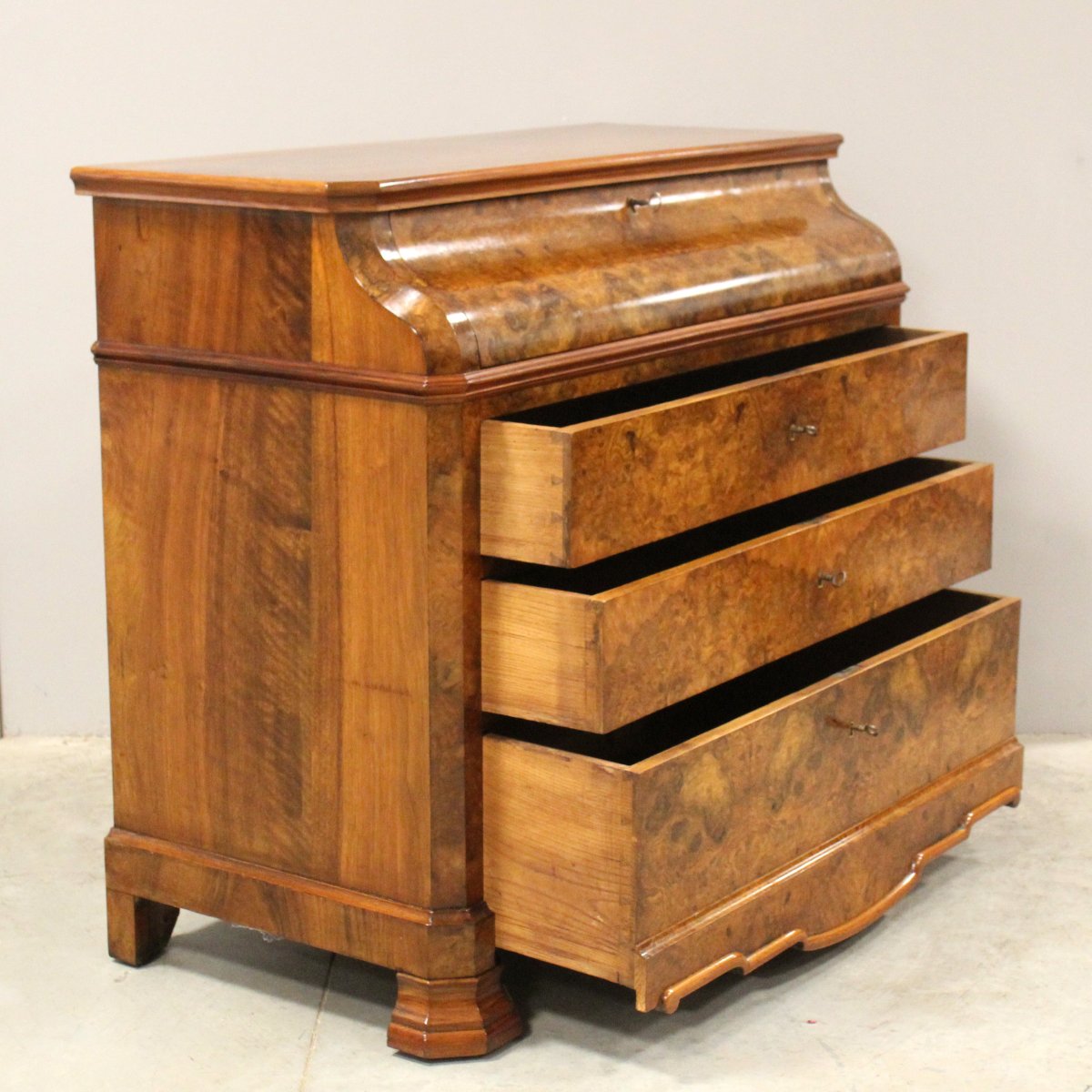 Ancien commode bureau de pente d'époque Louis Philippe en noyer - 19ème-photo-4
