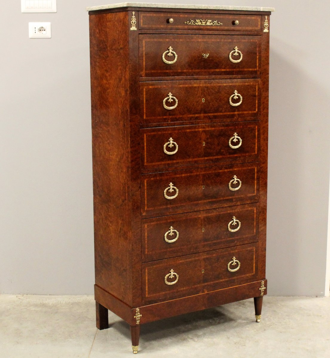 Ancien semainier chiffonnière commode d'époque Napoleon iii en marqueterie - 19ème-photo-2