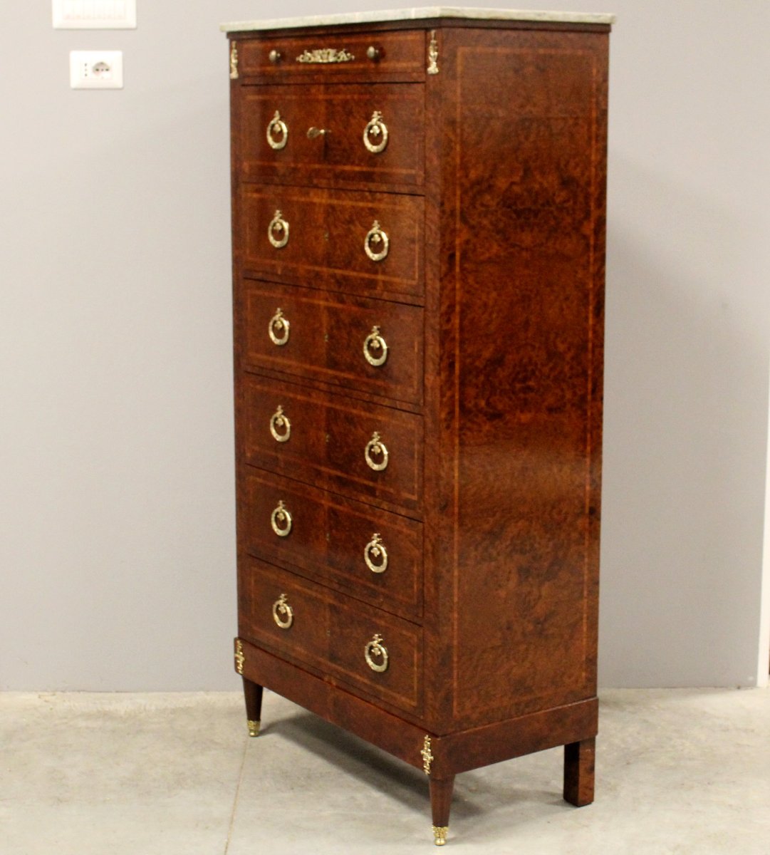 Ancien semainier chiffonnière commode d'époque Napoleon iii en marqueterie - 19ème-photo-3