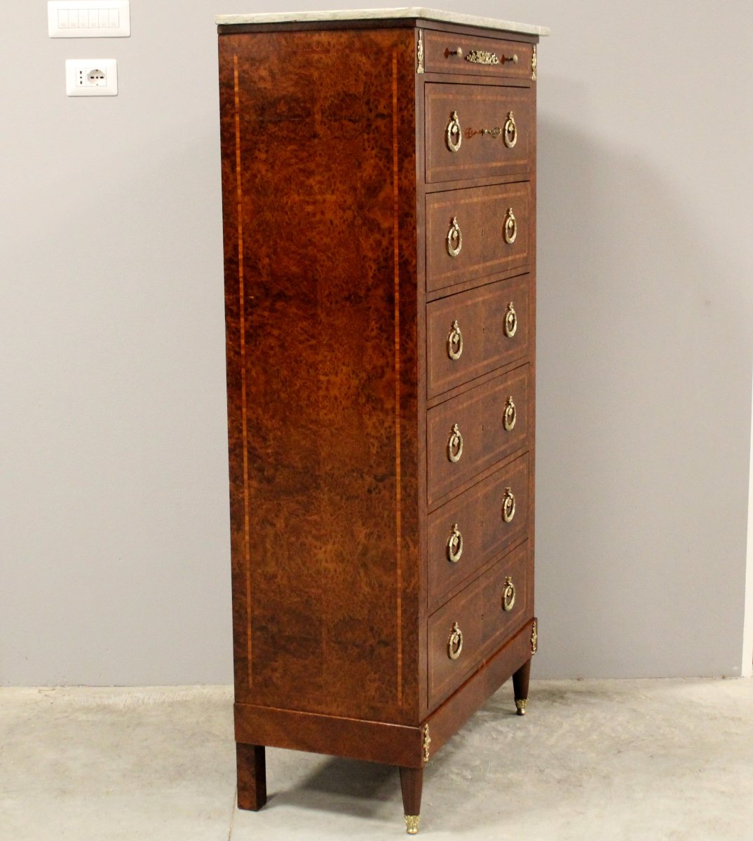 Ancien semainier chiffonnière commode d'époque Napoleon iii en marqueterie - 19ème-photo-4