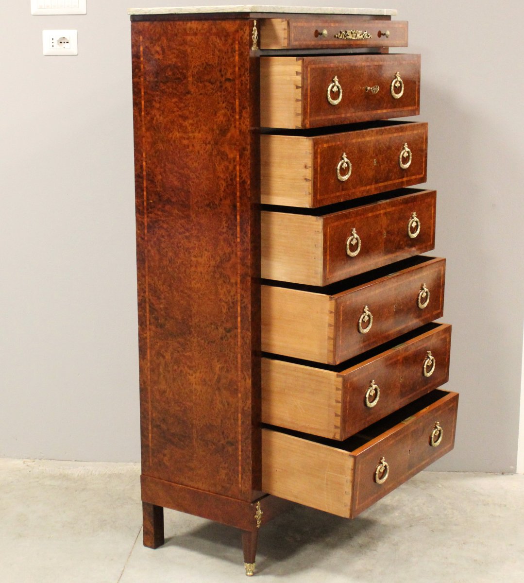 Ancien semainier chiffonnière commode d'époque Napoleon iii en marqueterie - 19ème-photo-2